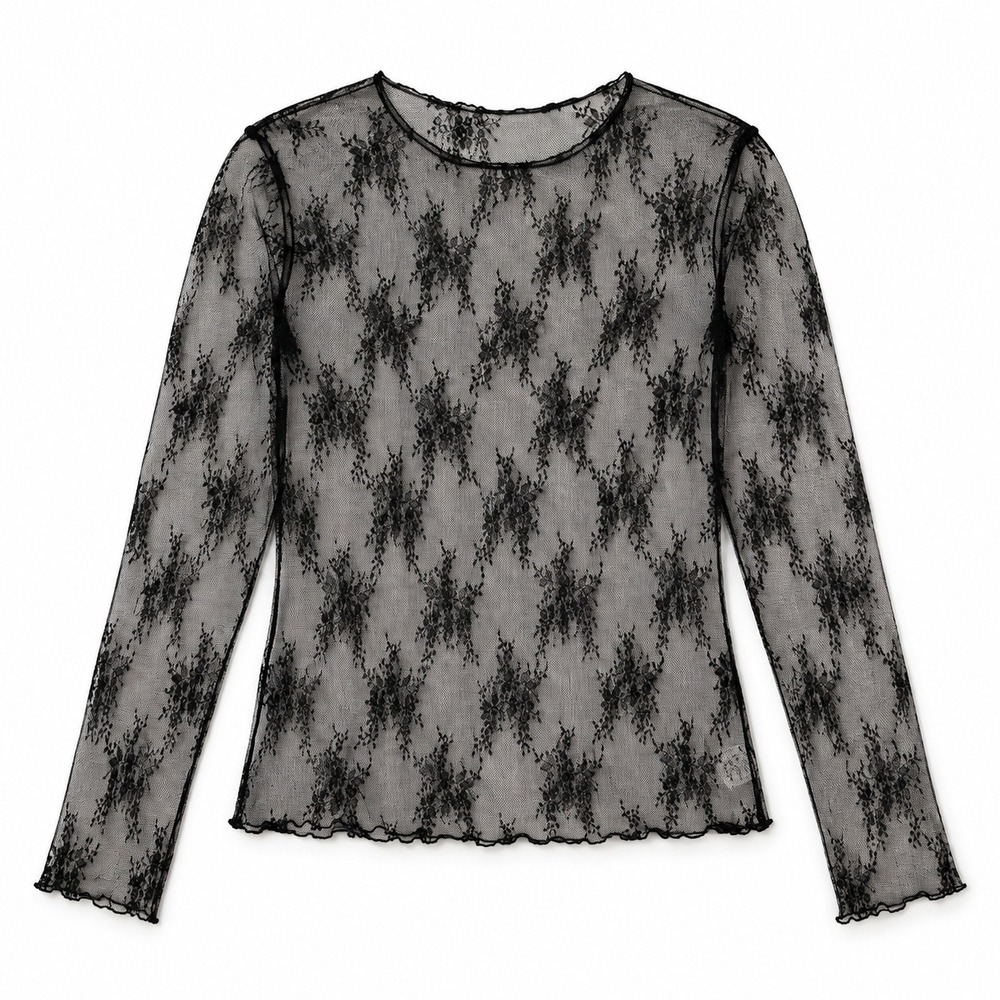 Black Whimsigoth Lace Ethereal Dark Fairy Black Long Sleeve Sheer Mesh Top XXL